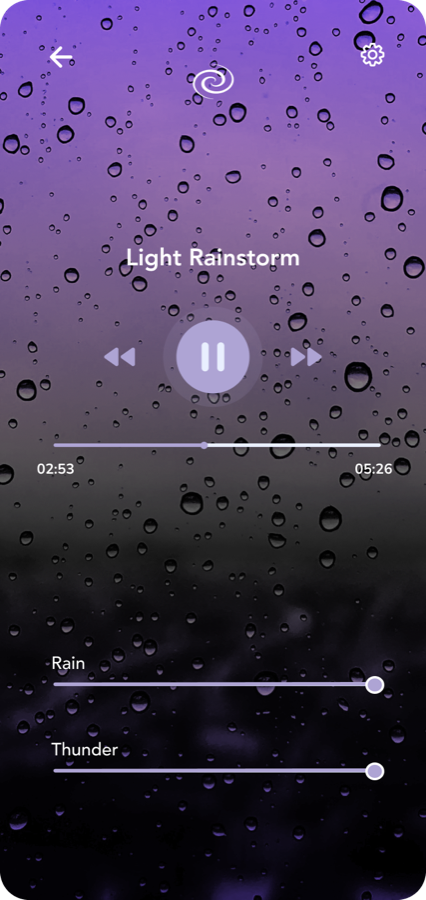 The original 2021 Light Rainstorm player: stock rain-on-glass photo with basic Rain and Thunder volume sliders.